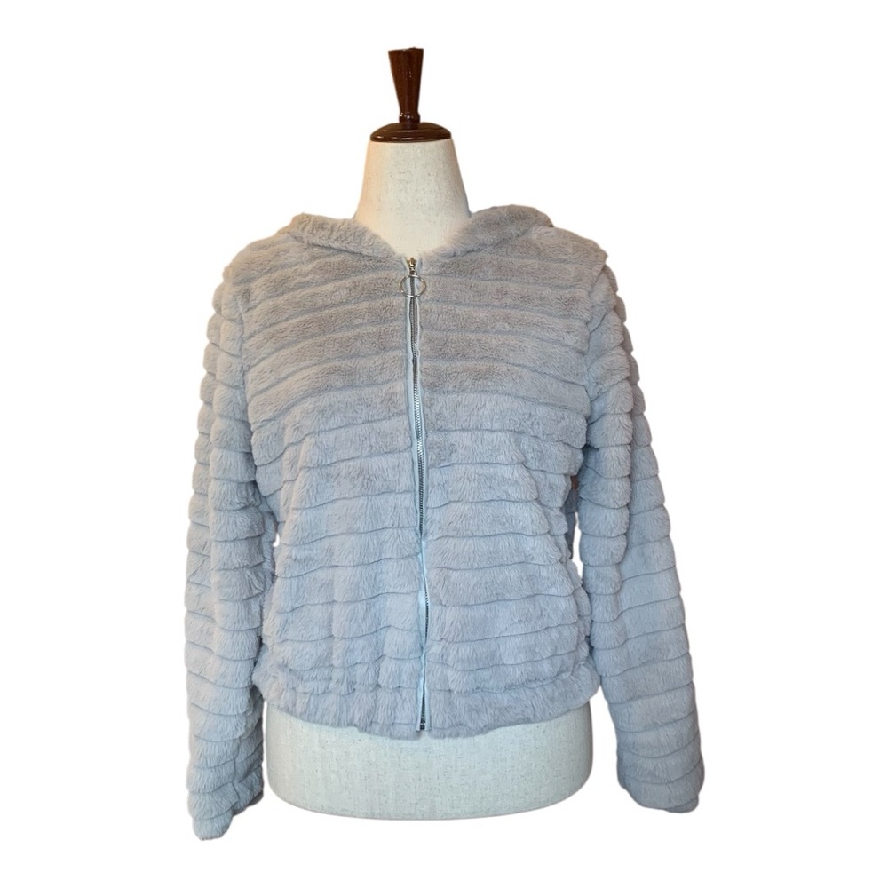 Love J Ribbed Faux Fur Hooded Zip Jacket Long Sleeve Zip Closure Size‎ Small